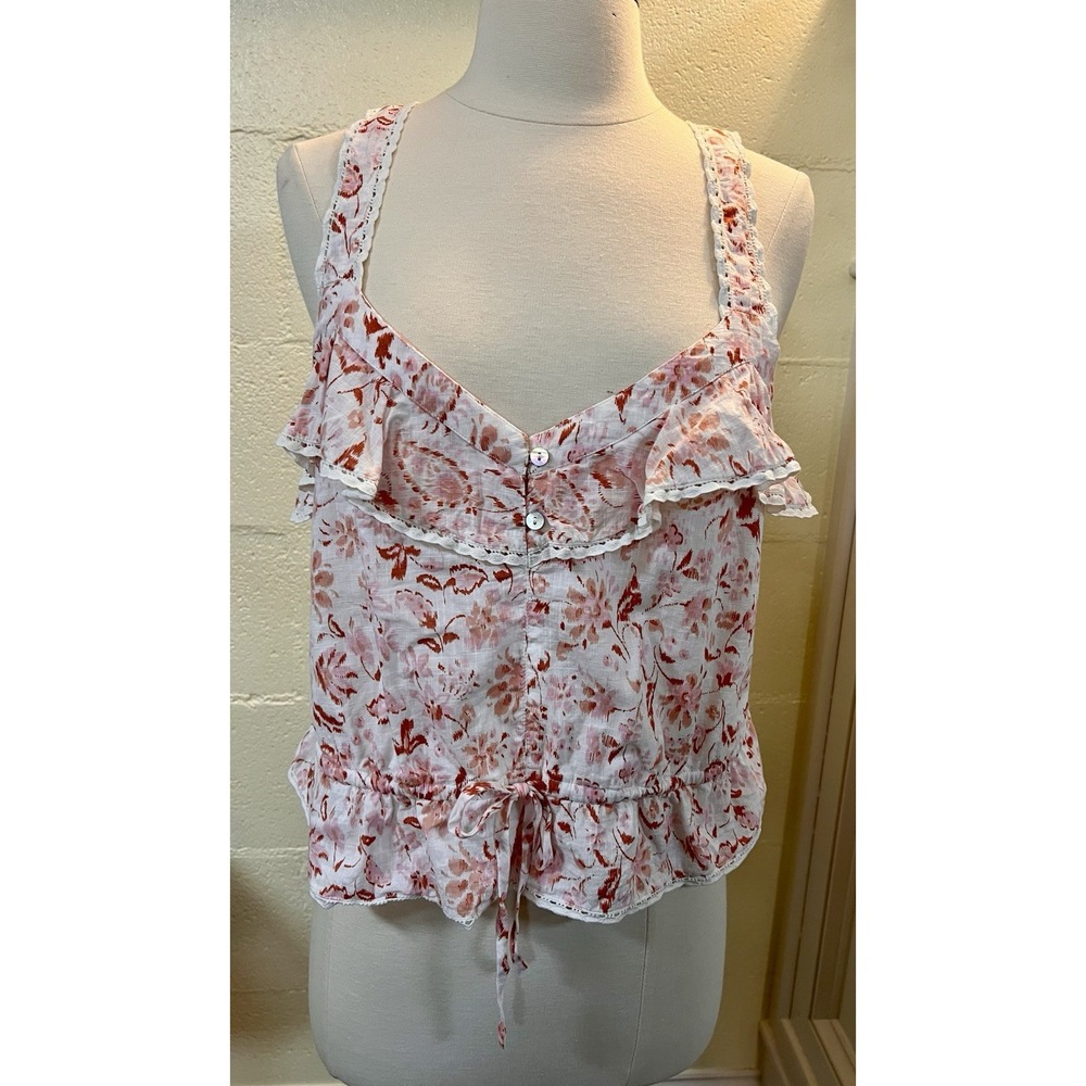 Bila-77 Ruffled Top Women's L White/Pink Floral‎ Sweetheart Neck Pullover